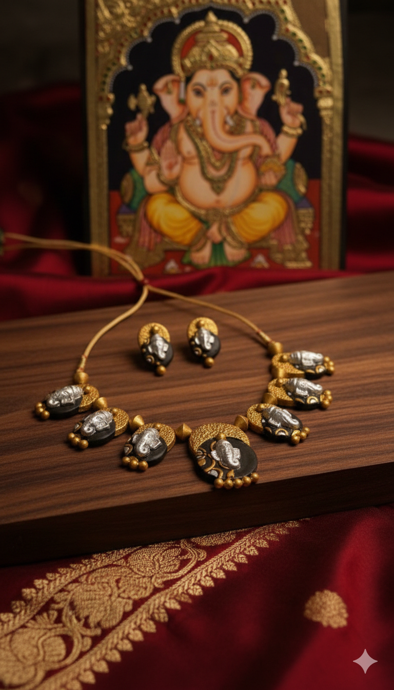 Ganesha Handcrafted Terracotta jewellery set - Image 2