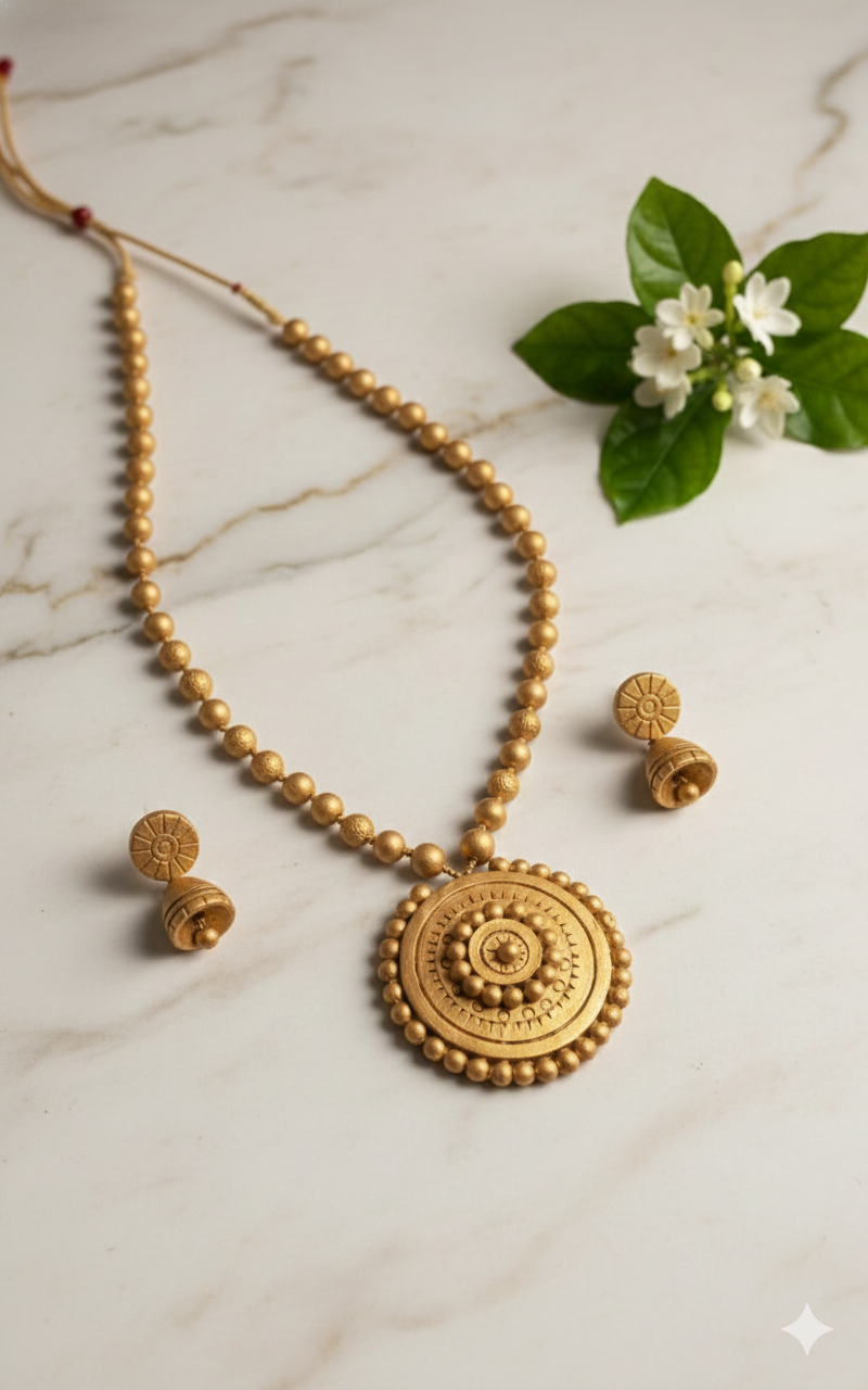 Royal Gold Handcrafted Terracotta Necklace & Jhumka Set - Image 2