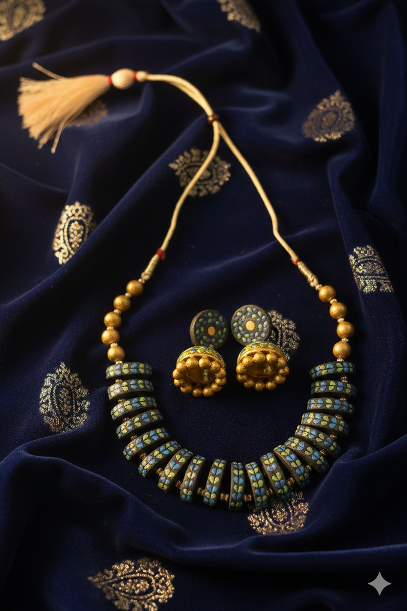Hand-Painted Mosaic Terracotta Necklace & Jhumka Set