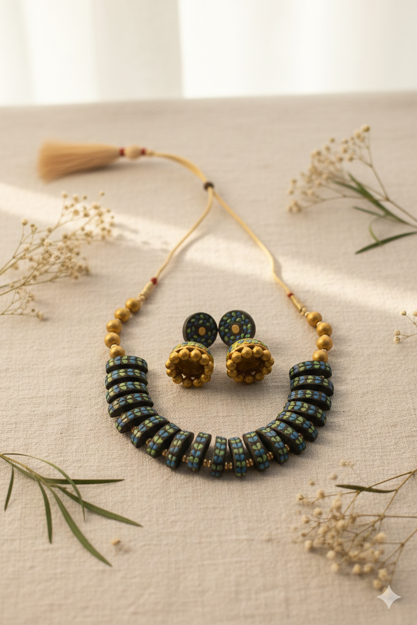 Hand-Painted Mosaic Terracotta Necklace & Jhumka Set - Image 2