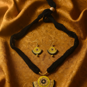Handcrafted Mustard & Charcoal Terracotta Fan Jewelry Set