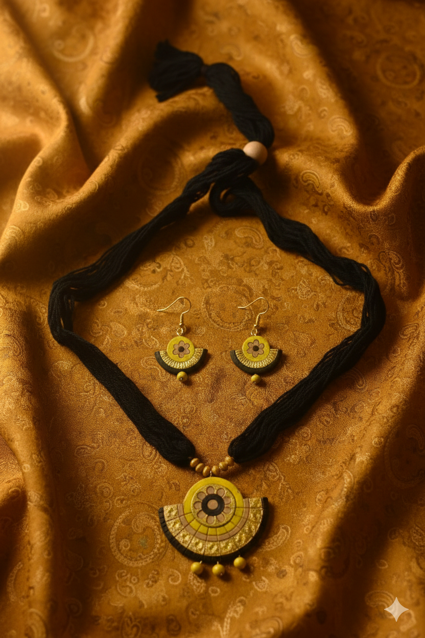 Handcrafted Mustard & Charcoal Terracotta Fan Jewelry Set