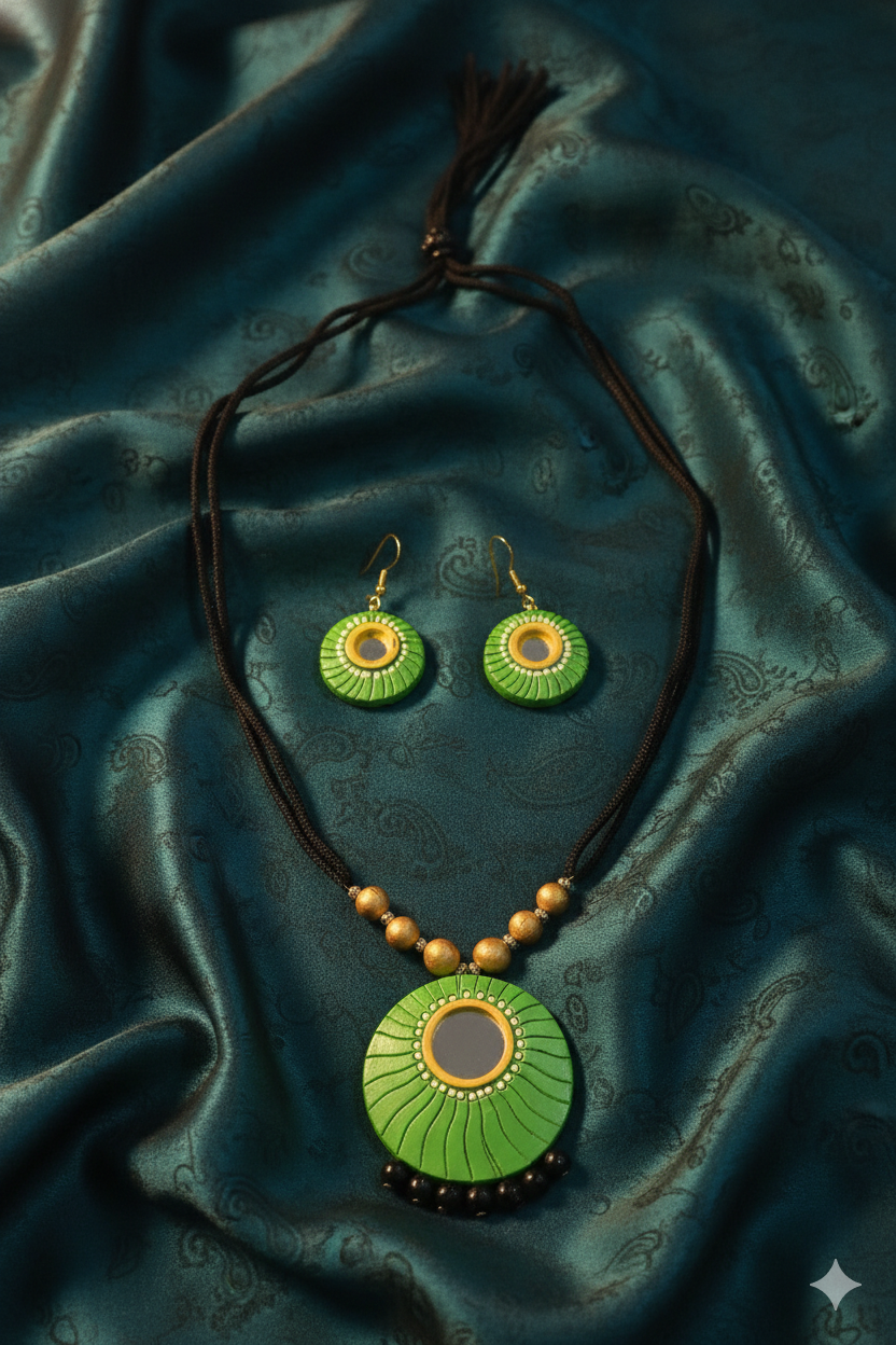 Hand-Painted Parrot Green Terracotta Necklace Set - Image 2