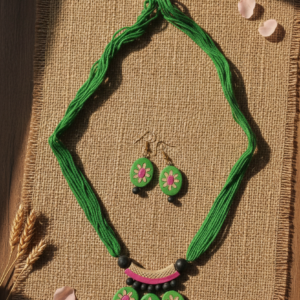 Hand-Painted Floral Terracotta Necklace & Earring Set ? Meadow Green & Peony Pink