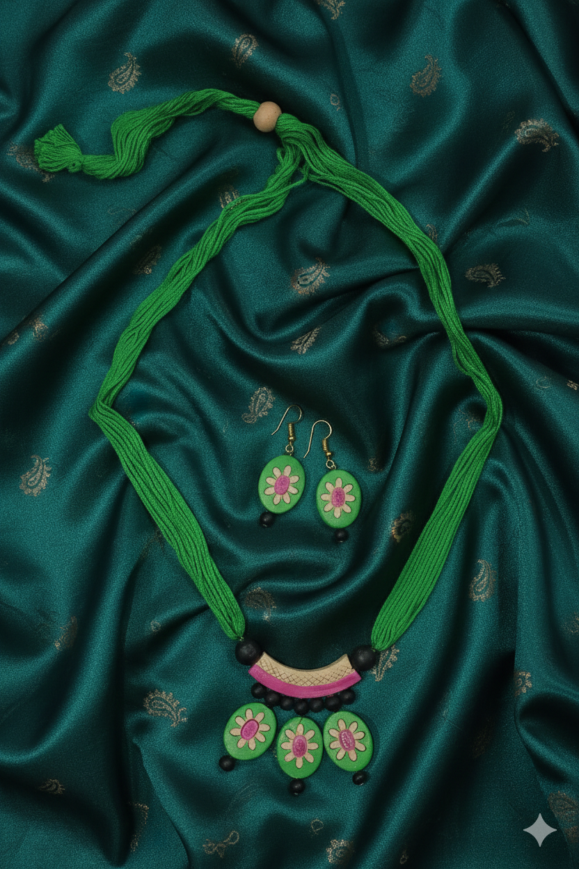 Hand-Painted Floral Terracotta Necklace & Earring Set ? Meadow Green & Peony Pink - Image 2